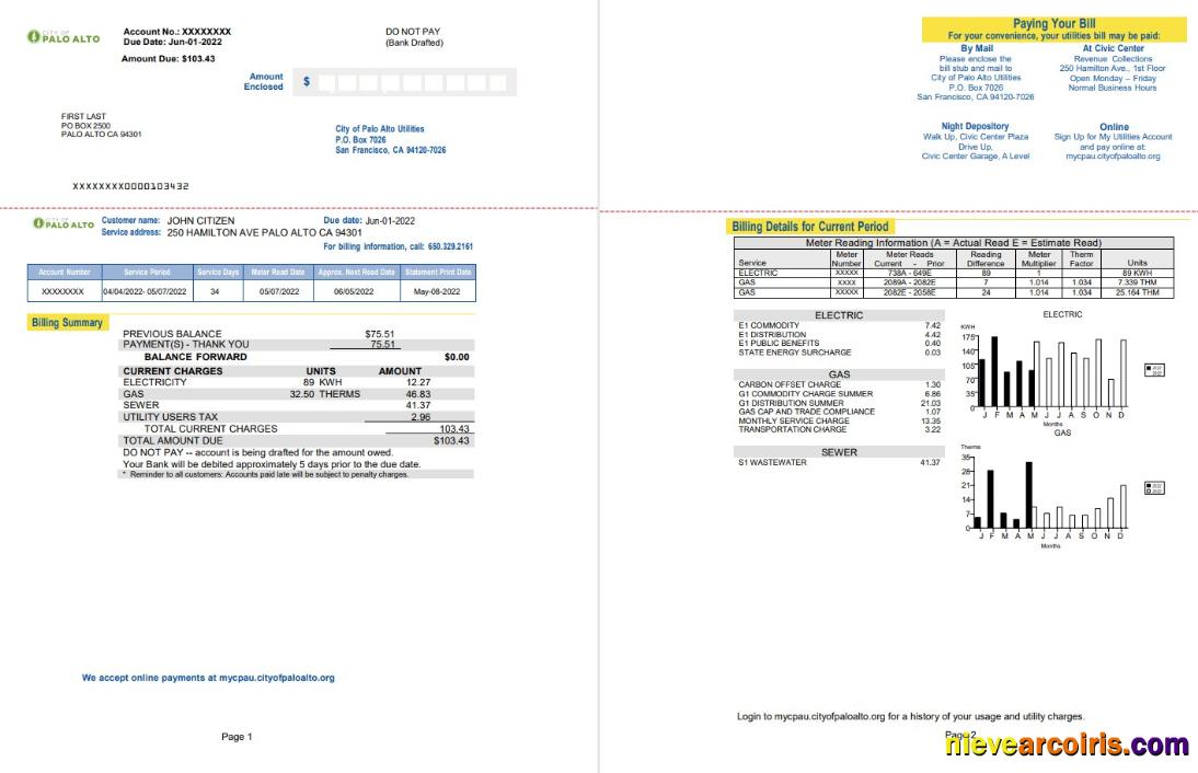 USA California Palo Alto utility bill, 2 pages